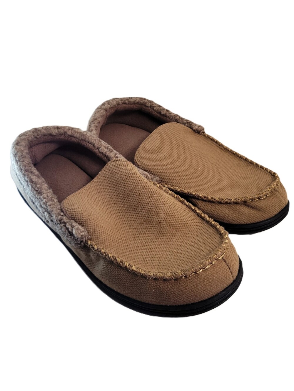 Isotoner Men's Size 11 Brown Moccasin Slippers Faux Fur Lined Indoor Outdoor